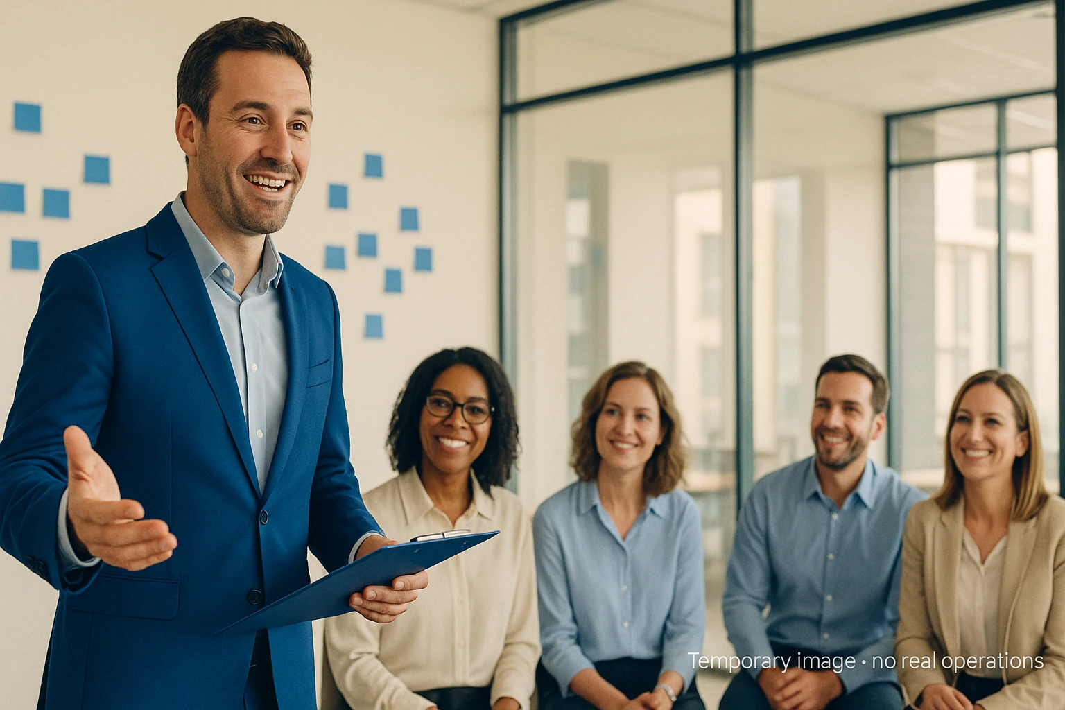 Equipo laboral coordinando planes inmediatos sobre una pizarra temporal